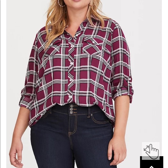 Torrid Challis Burgundy Plaid Button-Down Top, Sz 2X - Picture 2 of 6